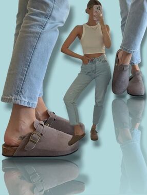 New 🤎 Emma New York Women's Nina Taupe Suede Leather Cork Footbed Clogs